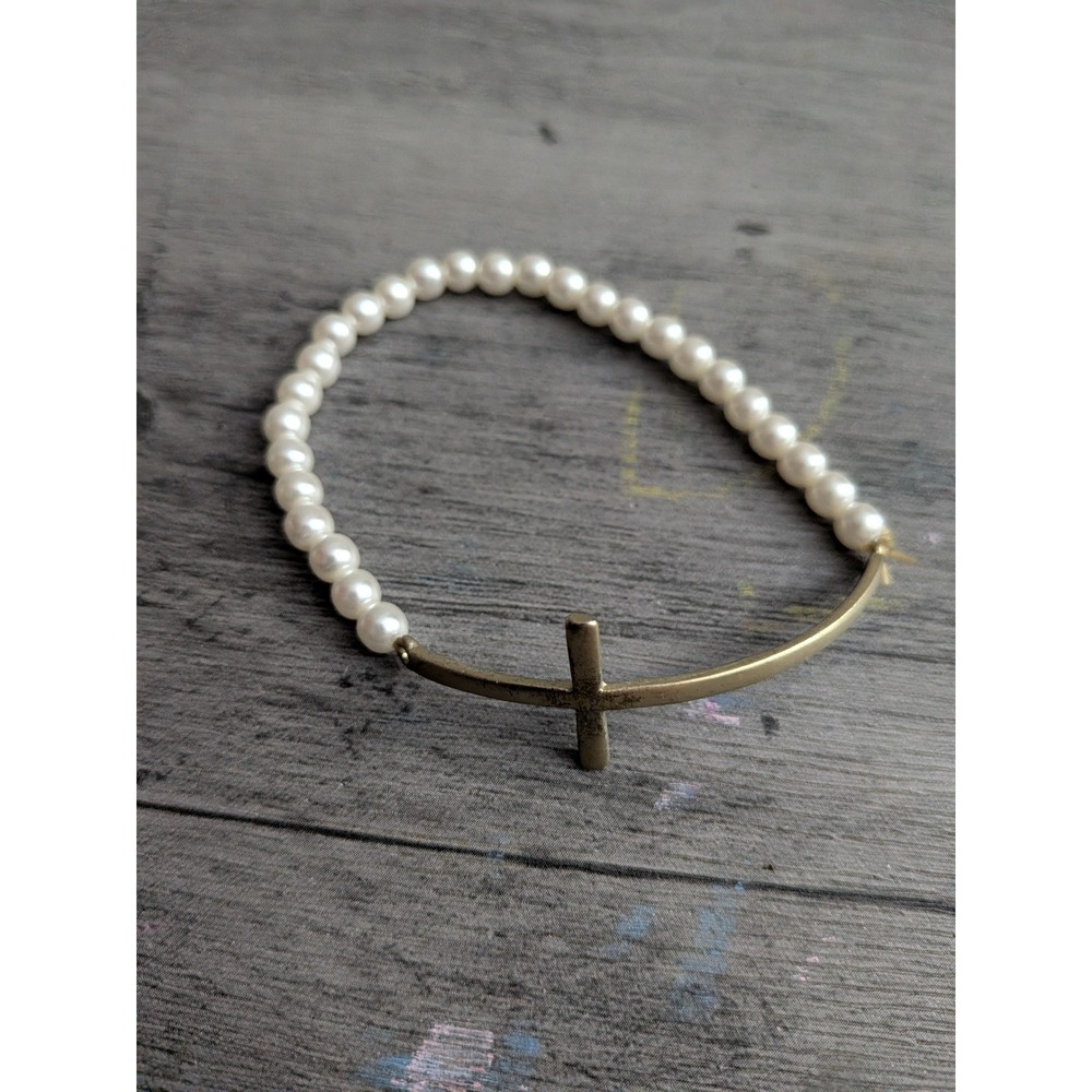 Gold Tone Sideways Cross Faux Pearl Stretch Bracelet Religious Jewelry White
